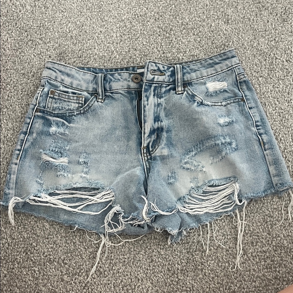 Trendy Light Blue Distressed Jean Shorts
